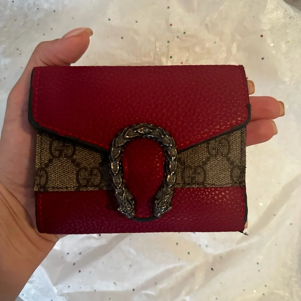 REPURPOSEGucci Red and Brown Leather Wallet with Silver-Tone Tiger Head Hardware - Picture 6 of 7